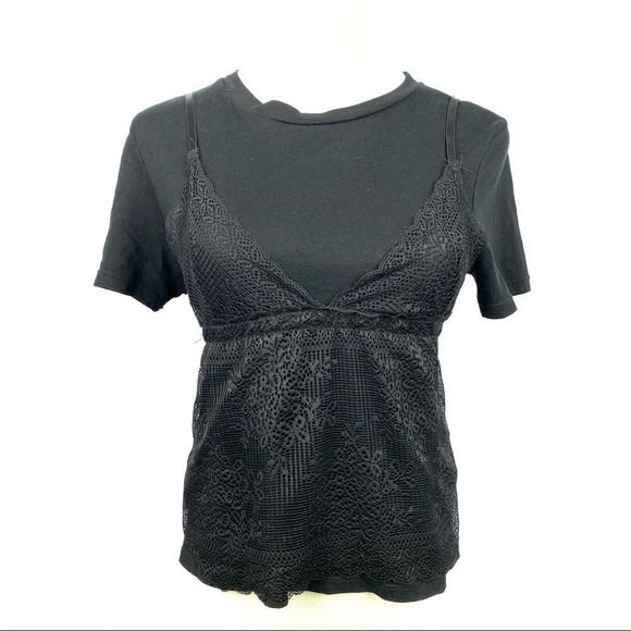 ZARA Black Short Tee w Lace Overlay Tank Top - Picture 5 of 10